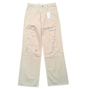 Vervet 90s Dad Jeans Womens 28 Wide Leg Cream Tan Ripped Destroyed Pants NWT